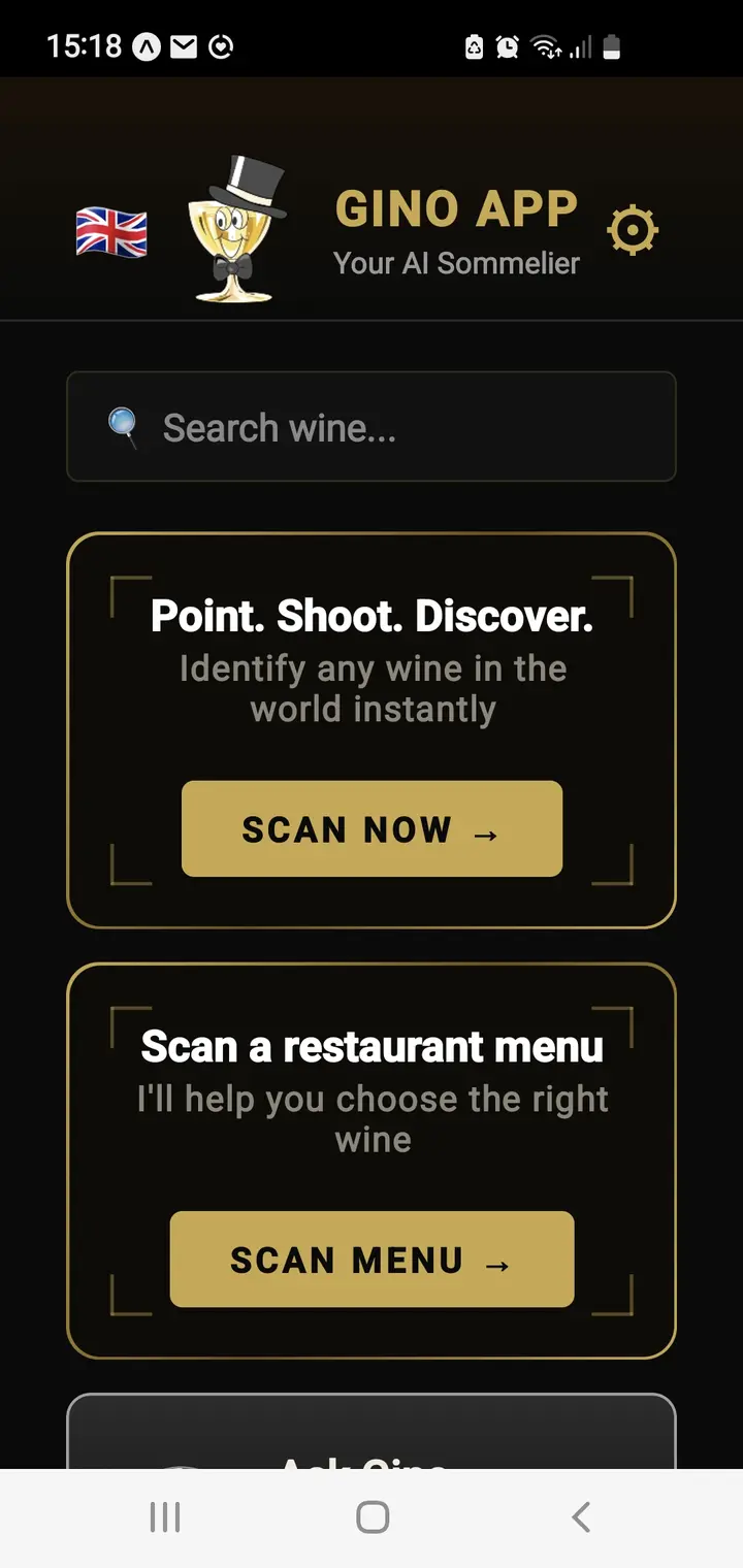 Gino home — scan a wine or a restaurant menu
